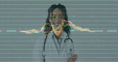 Smiling doctor wearing stethoscope and lab coat showing colorful medical waveform overlay