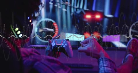 Gamer Playing with Wireless Controller at RGB Multimonitor Stream Setup with Waveform HUD