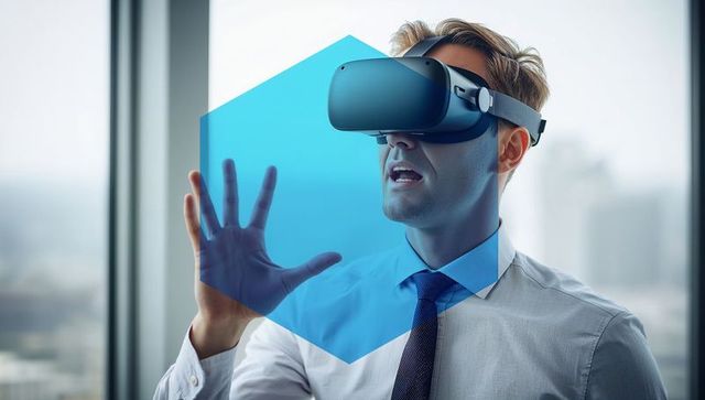Business Professional Interacting with VR Interface in Modern Office