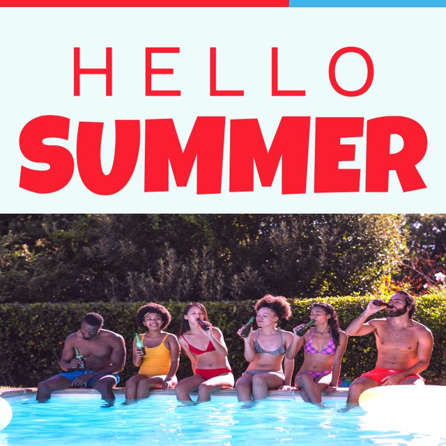 Hello Summer with Diverse Friends Enjoying Poolside Drinks - Download Free Stock Templates Pikwizard.com