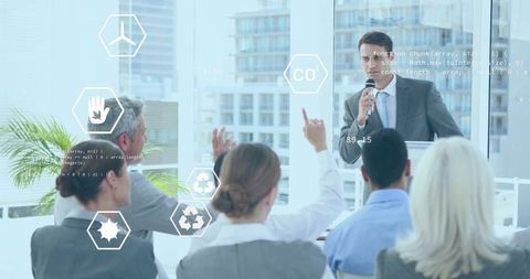 Executive presenting sustainability strategy to corporate audience with data overlays
