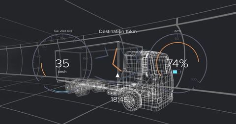 Futuristic wireframe semi-truck with hud in virtual tunnel