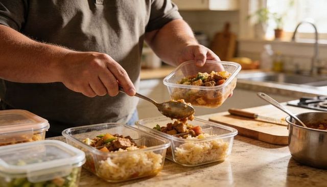 Home cook meal prepping healthy stew and rice in reusable containers on granite countertop