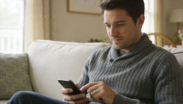 Man sitting on sofa tapping smartphone wearing wedding band cozy living room lifestyle