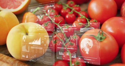 Smart produce sensor detecting ripeness using holographic data overlays on tomatoes and peaches