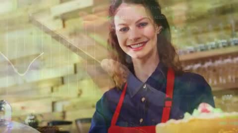 Bakery Worker Displaying Freshly Baked Cake with Animated Overlays