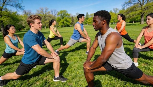 Outdoor group lunge workout in sunny park promoting strength and mobility