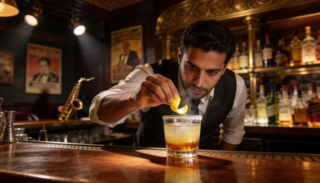 Bartender crafting citrus twist cocktail at vintage speakeasy bar with saxophone