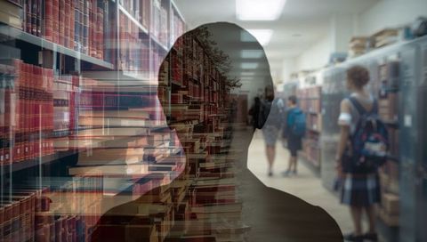 Young Students in School Library with Urban Overlay