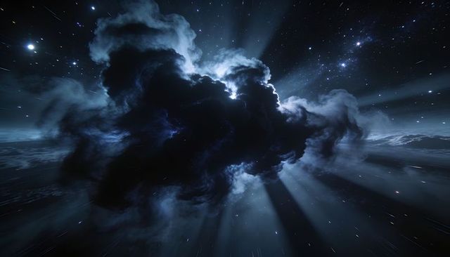 Backlit dark nebula emitting radiant light beams in deep space, cosmic cloud concept