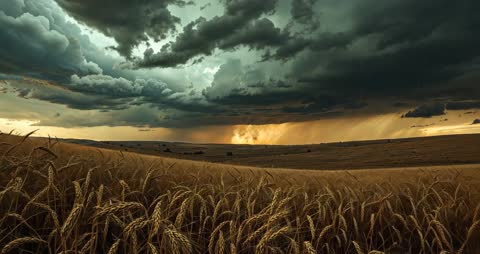 Storm Clouds Gathering Over Golden Wheat Field with Dramatic Skies