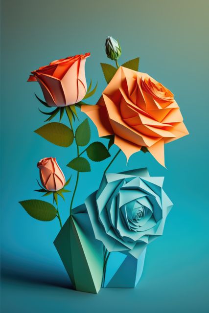 Image of colourful origami roses on green background, created using generative ai technology. Origami, art, nature and flowers, digitally generated image.