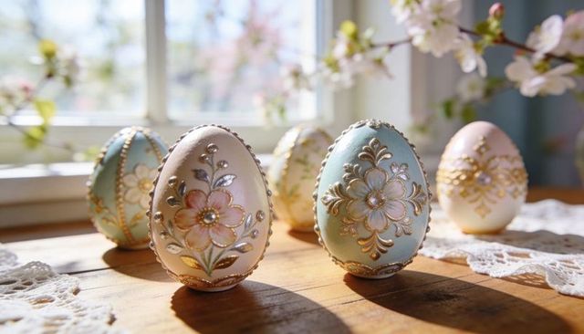Handcrafted pastel easter eggs with gold filigree and pearl beads on sunlit wooden table