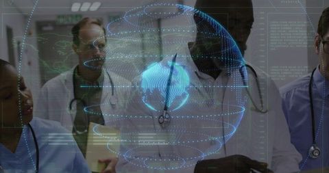 Medical Team Examining Holographic Global Data Visualization in Hospital Corridor
