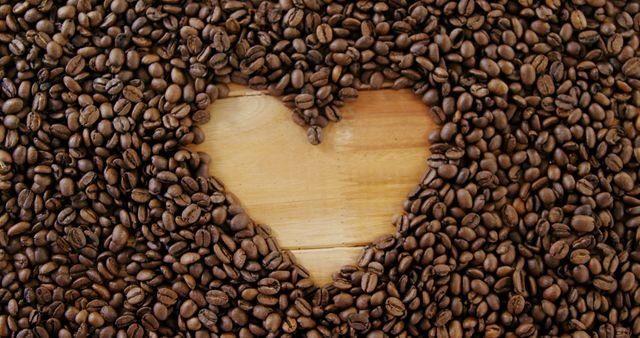 Coffee beans are arranged in the shape of a heart on a wooden surface, with copy space. It's a creative representation of love for coffee or a concept for Valentine's Day with a twist.