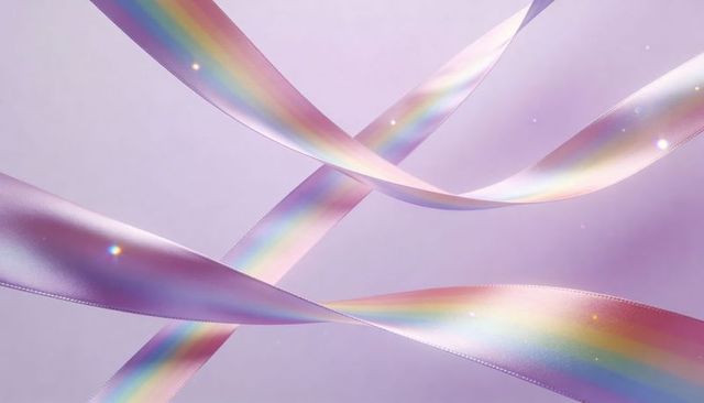 Iridescent satin ribbons twisting over lavender backdrop with pearlescent gradient and sparkles