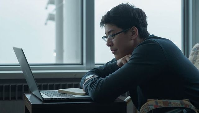 Thoughtful asian man leaning on side table, working on laptop in quiet daylight home workspace