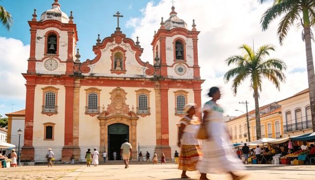 Two women in colorful dresses crossing colonial plaza by baroque church, market day