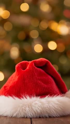Santa Hat Resting on Wooden Table with Twinkling Tree Lights Vertical Holiday Bokeh Video
