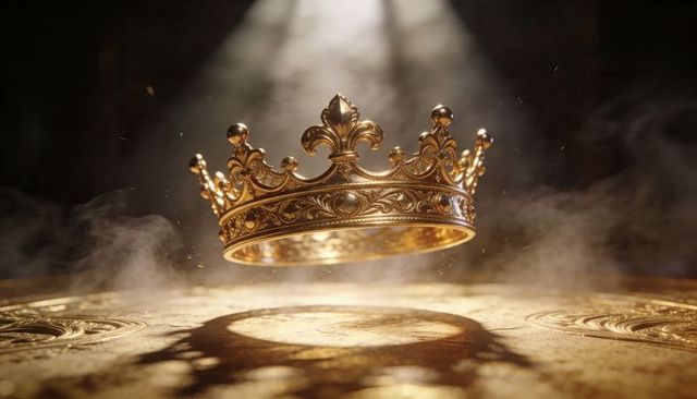 Ornate gold crown hovering above pedestal, dramatic spotlight, dust and gilded filigree