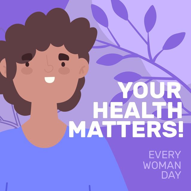 Illustration of woman with leaves and your health matter and every woman day text on blue background. Copy space, nature, vector, support, healthcare, awareness and prevention concept.