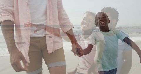 Joyful Family Walk on Sunny Beach at Summer Reflections