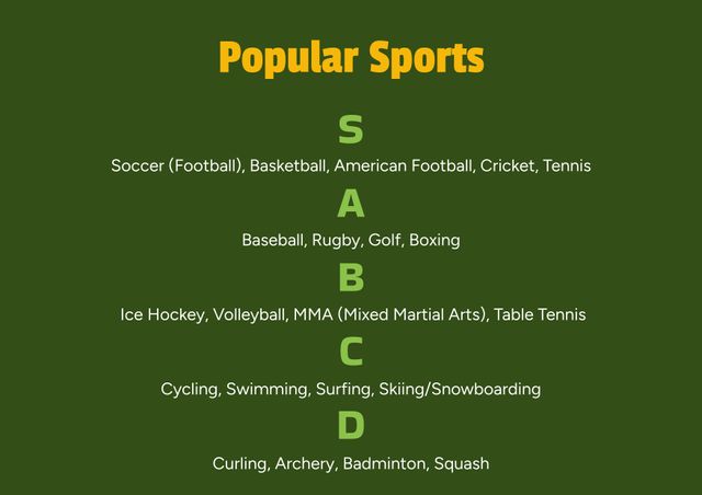 Colorful chart ranking popular sports. Great for creating personalized sports popularity rankings for school projects, presentations, and infographics. Easy to customize for different categories or preferences.