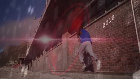 Runner on Urban Shoreline with Animated Technology Graphics Overlay