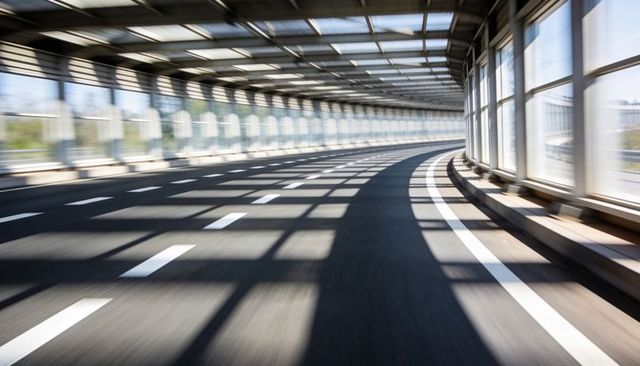 Curving glass-covered highway corridor with dynamic grid shadows