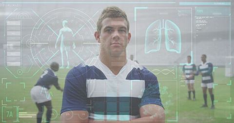 Rugby Player Surrounded by Digital Health Data on Field