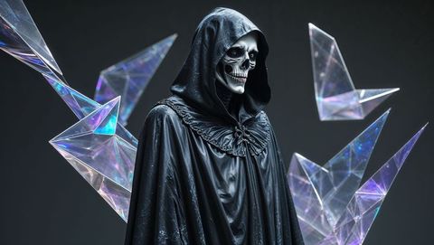 Hooded skeletal grim reaper figure with prismatic shards in eerie studio