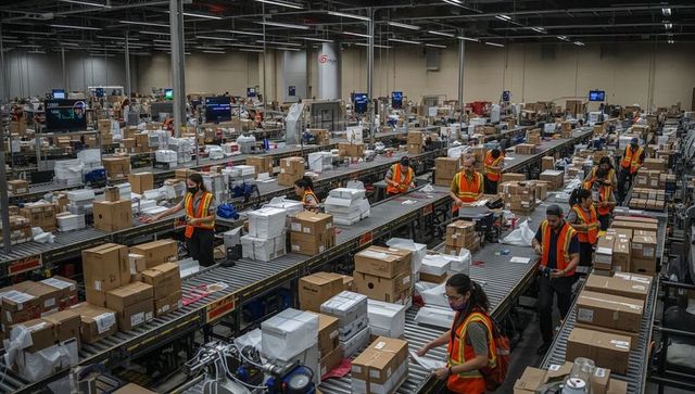 Warehouse workers packing scanning sealing parcels on conveyor belts in fulfillment center