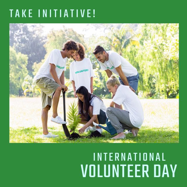 This image can be used to promote environmental initiatives, volunteer recruitment, and community service events. The scene shows a diverse group of volunteers working together to plant a tree, symbolizing teamwork, environmental conservation, and global unity. Ideal for social media campaigns, web banners, posters, and educational materials related to International Volunteer Day, nature conservation projects, and green community efforts.