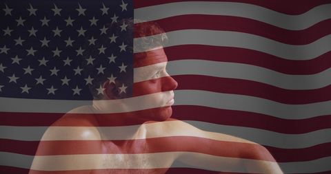 Caucasian man with usa flag overlay, symbolizing patriotism