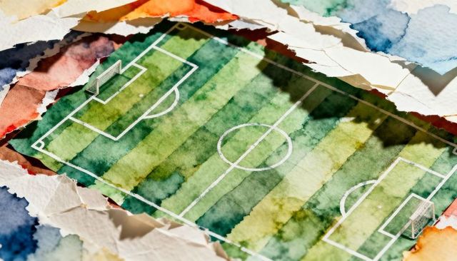 Watercolor soccer pitch revealing torn deckled paper with white field markings and goals