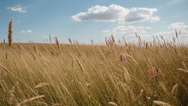 Swaying golden prairie grasses with pink wildflowers under blue sky and puffy clouds