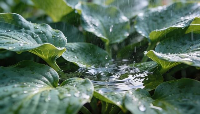 Hosta leaves collecting raindrops creating central water ripples in lush green garden