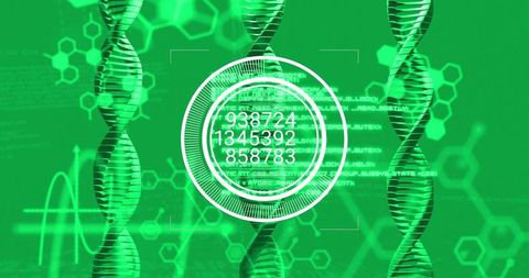 Futuristic hud displaying numeric readouts over dna helix and hexagonal molecular network