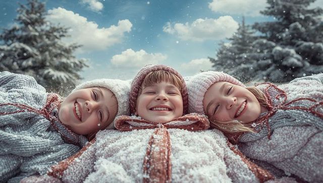 Joyful Kids in Winter Wonderland with Snow and Sunshine