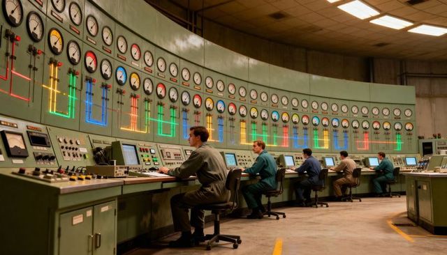 Industrial Control Room Operators Monitoring Analog Gauges on Curved Console