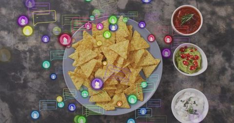 Overhead tortilla chip platter with salsa, guacamole and herb dip with neon chat overlay
