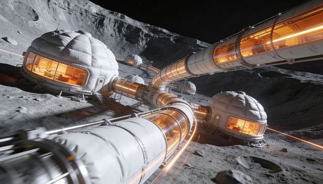 Connected lunar habitat network with quilted inflatable domes and illuminated transit tubes