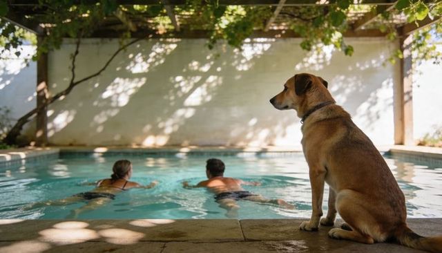 Large tan dog watching couple swimming in shaded backyard pool under vine-covered pergola