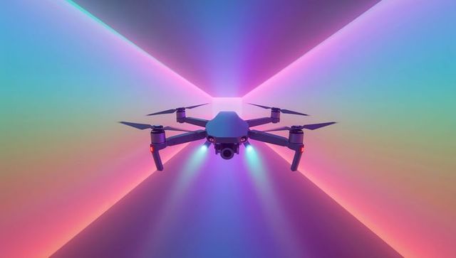 Neon glowing quadcopter drone hovering through futuristic gradient tunnel