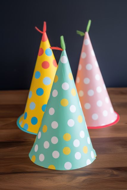 Colorful party hats with polka dot patterns placed on a wooden table, perfect for birthday parties or celebrations. Great for illustrating festive event ideas, party planning, and children's celebration themes. Decorative and fun elements suggesting joy and gatherings.