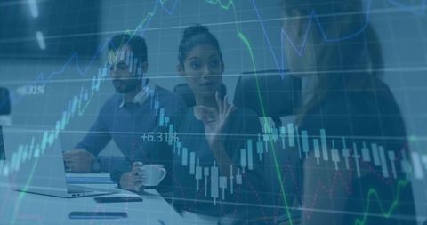 Team Discussing Market Trends in Office with Data Overlay