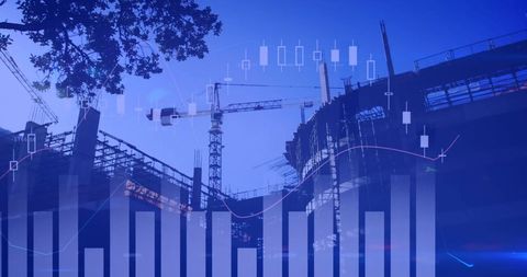 Futuristic data interface over city construction site