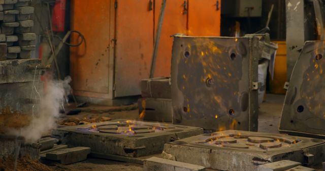 Metal Casting Workshop with Inactive Molds and Visible Heat Flames - Download Free Stock Images Pikwizard.com