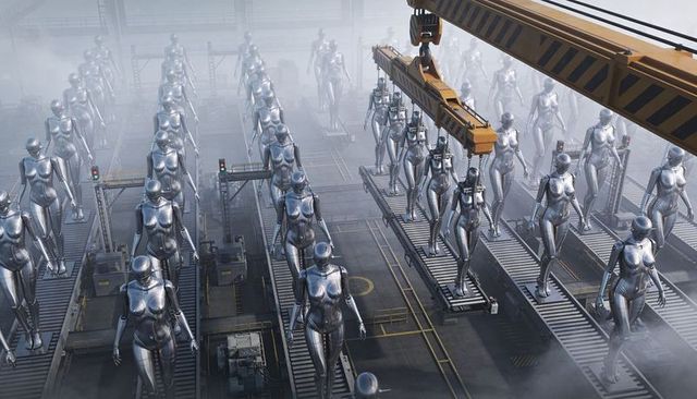 Gantry crane hoisting silver humanoid robots along conveyor lines in automated factory