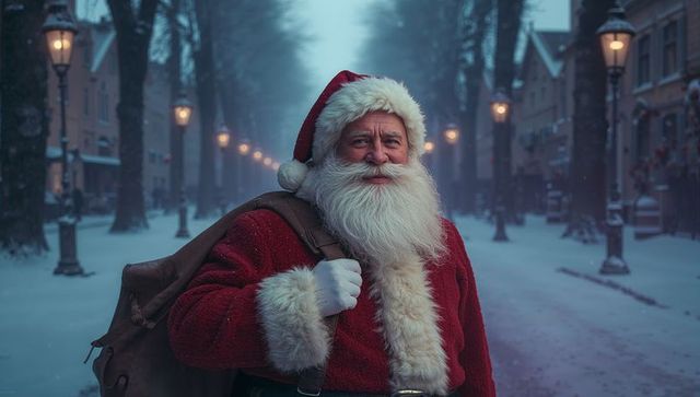 Santa claus carrying sack on snowy town street during christmas